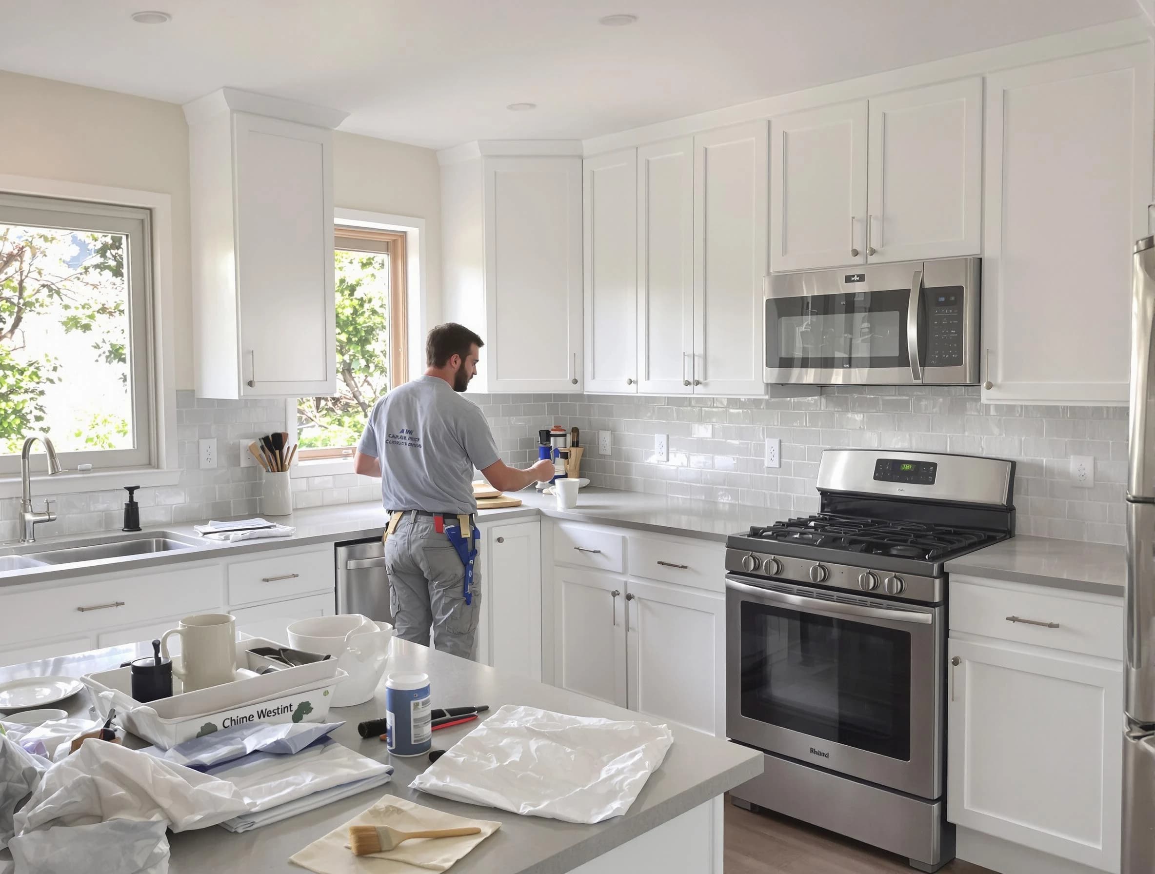 Broadview Heights House Painters applying fresh paint on kitchen cabinets in Broadview Heights