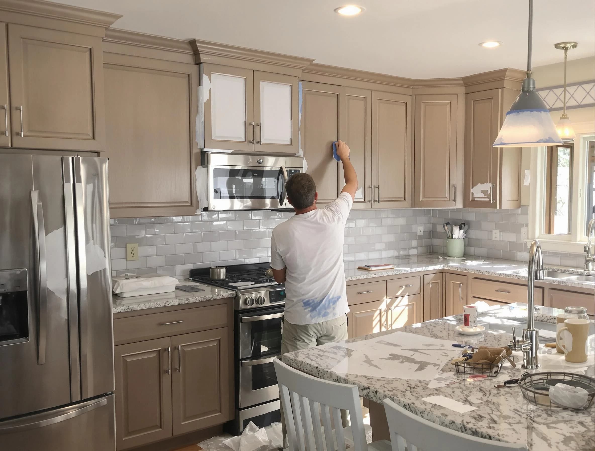 Before-and-after view of kitchen painting by Broadview Heights House Painters in Broadview Heights