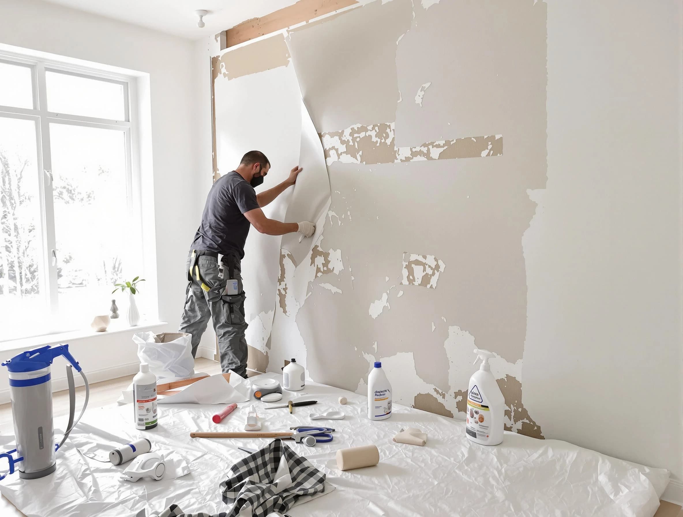 Broadview Heights House Painters technician removing wallpaper in Broadview Heights, OH