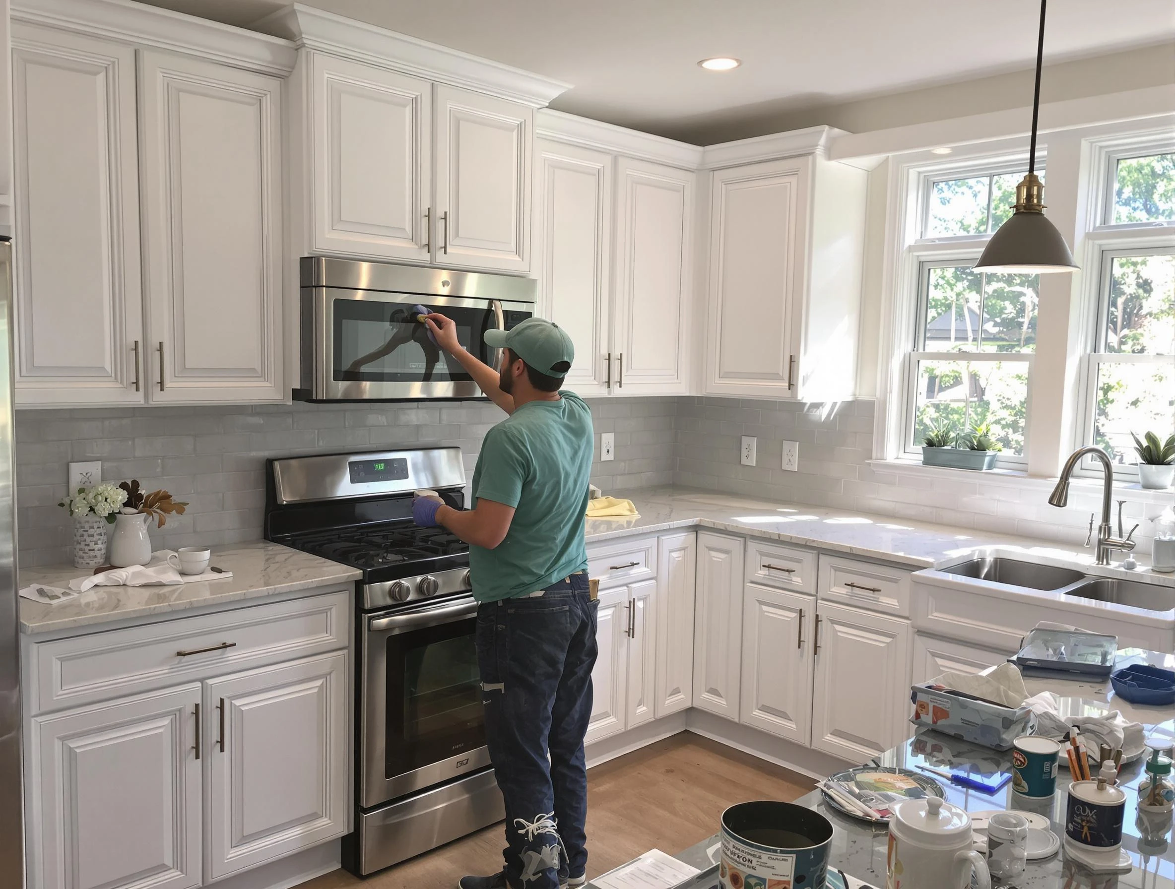 Kitchen cabinets being refinished by Broadview Heights House Painters in Broadview Heights, OH